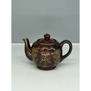 Vintage Moriage Redware Brown Betty Teapot w/ Lid Hand Painted Gold Trim Japan